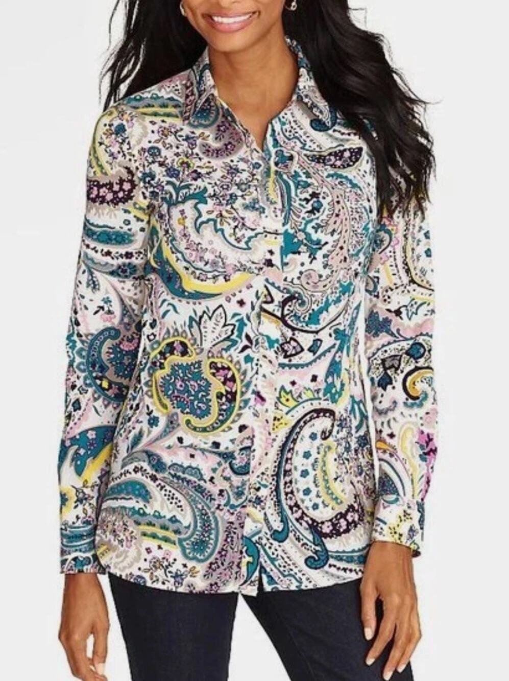 Talbots Womens XL Multi Vibrant Paisley Button-Up Long Sleeve Shirt Workwear